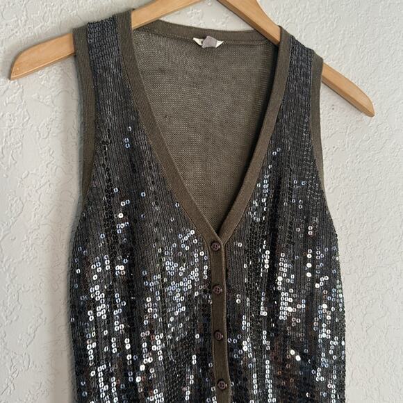 Vintage Fossil Olive Green Vest Button Up Sequin Festival Boho Indie Summer Fall - Picture 2 of 8